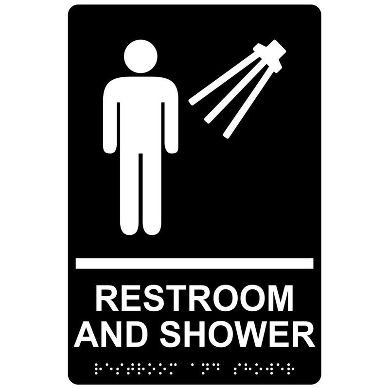 ComplianceSigns.com Restroom And Shower (Braille = Restroom And Shower) ADA-Compliant Braille Sign, 9x6 in. Black Acrylic for Restrooms, American Made Safety Signs for the Workplace - Image 1